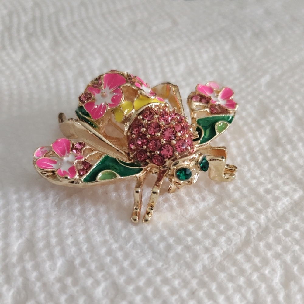 Floral Bee Brooch in Pink and Gold